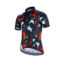 maillot cyclisme rouge et bleu mosaique